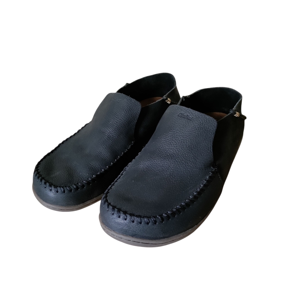 Olukai Akahai Leather Stitched Slip-on Black Casual Loafer Shoes